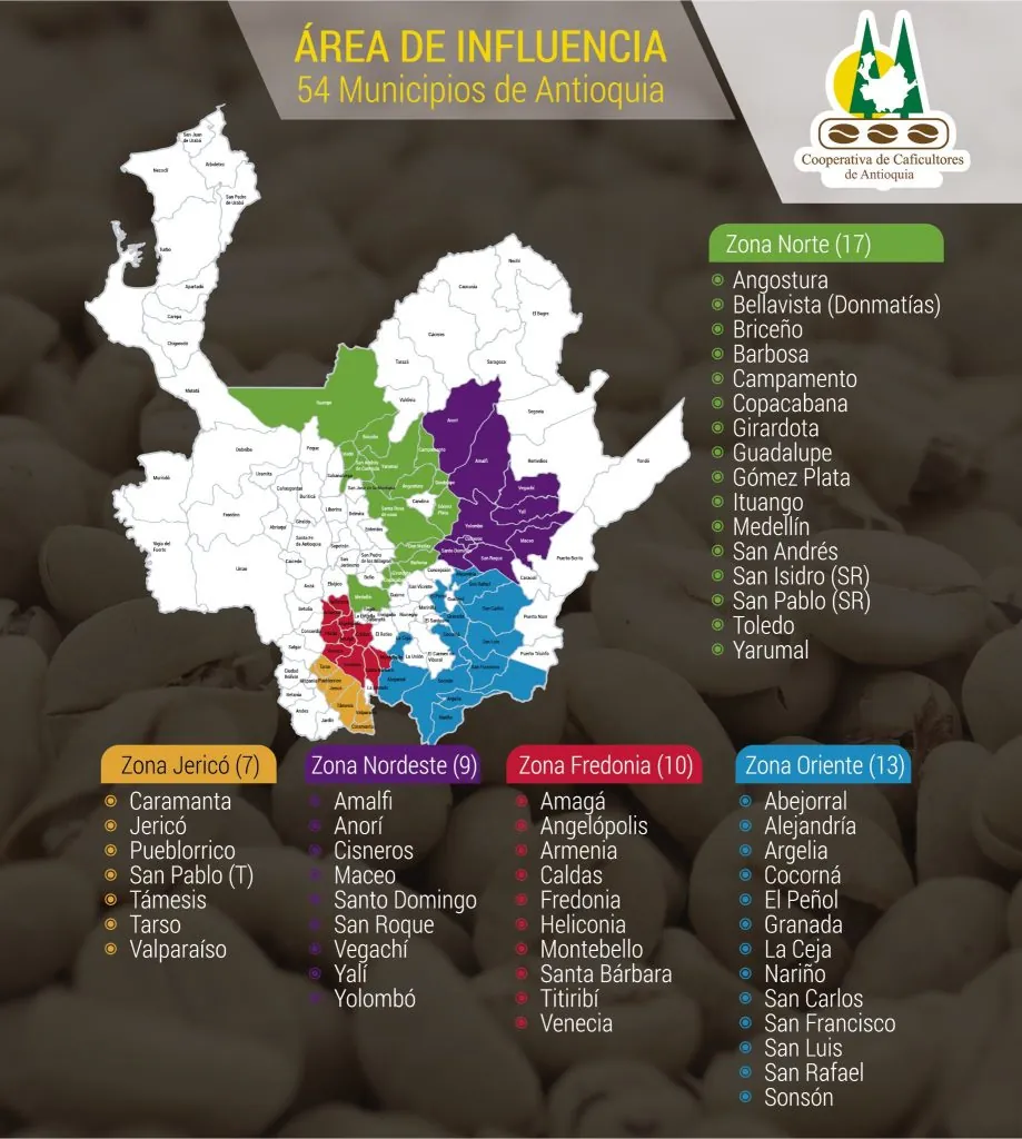 Mapa de la zona de influencia de la Cooperativa en Antioquia